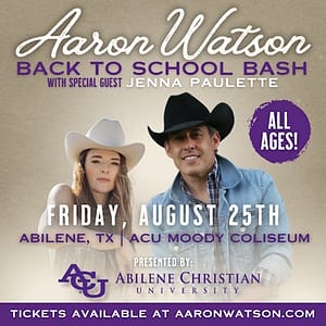 Aaron Watson and Jenna Paulette will be hosting a concert at 7:30 on August 25 at Moody Coliseum.