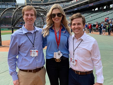 ACU graduate Ryan Cantrell (left) with colleagues Hannah Wing and Kyle Smith at Globe Life Park in Arlington, home of the Texas Rangers. 