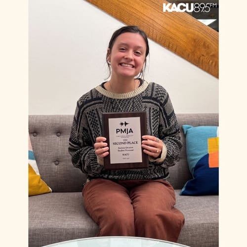 Genevieve Graessle, senior English major from Austin, helped KACU take second place in student newscast in the Public Journalists Media Association awards.