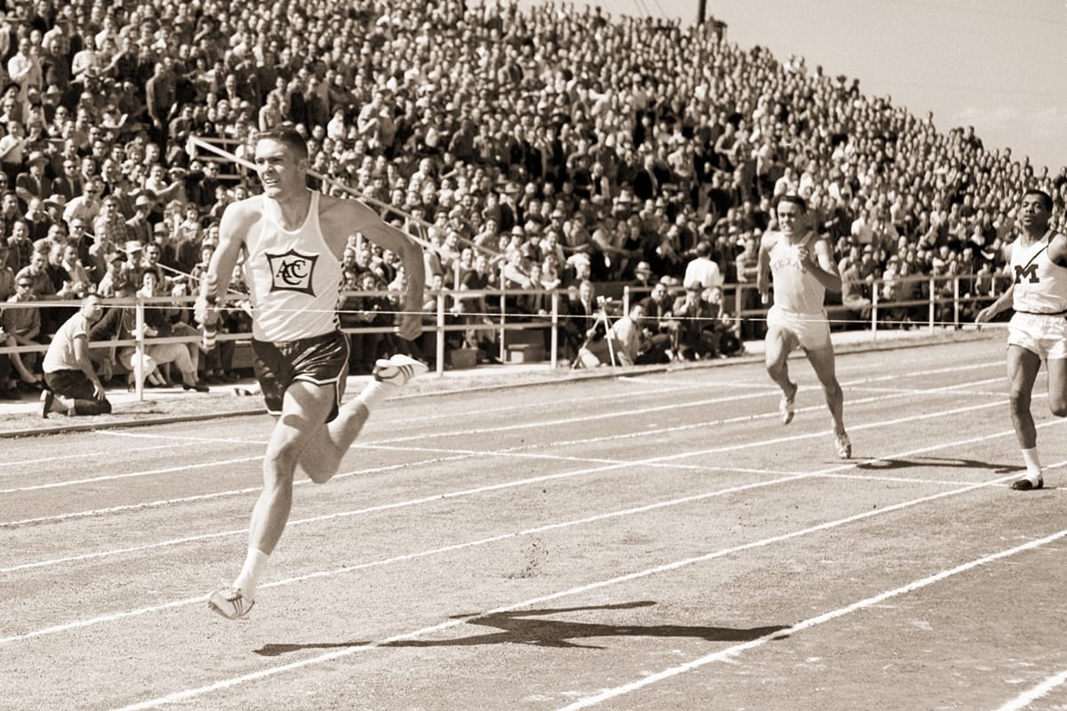 Earl Young anchors his ACU relay team to victory over Texas, Michigan and Ohio State during the 1961 quadrangular meet in Abilene between the Wildcats, Longhorns, Wolverines and Buckeyes.