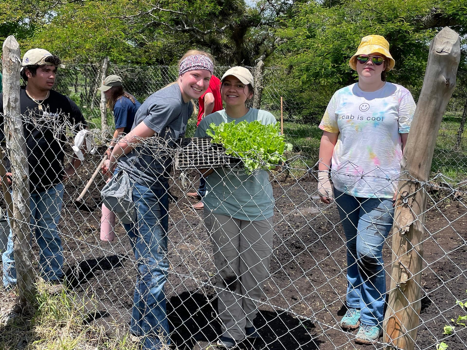 Students from the Department of Agricultural and Environmental Sciences work on a sustainable organic garden for Mision Para Cristo, a ministry run by ACU alumni Travis (’96) and Mindy (Holloway ’01) Stewart. From left are Gerald Zuniga, Grace Russell, Brianna Jaquez and Julie Sauceda.