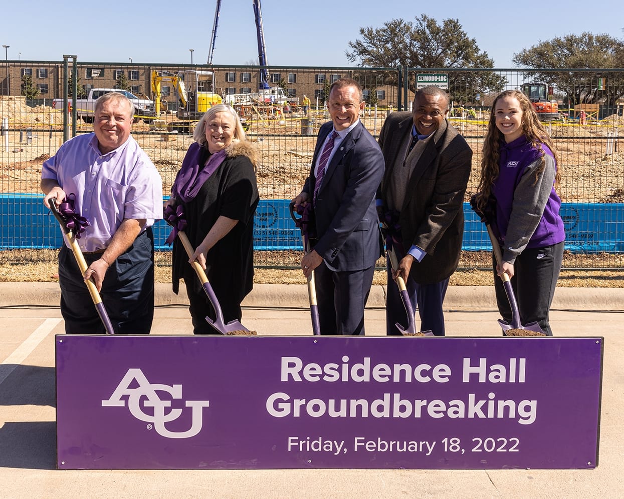Wessel Hall groundbreaking participants included (from left) Rick Wessel, Debbie Wessel, ACU president Dr. Phil Schubert, Abilene mayor Anthony Williams and ACU student-athlete Madi Miller.